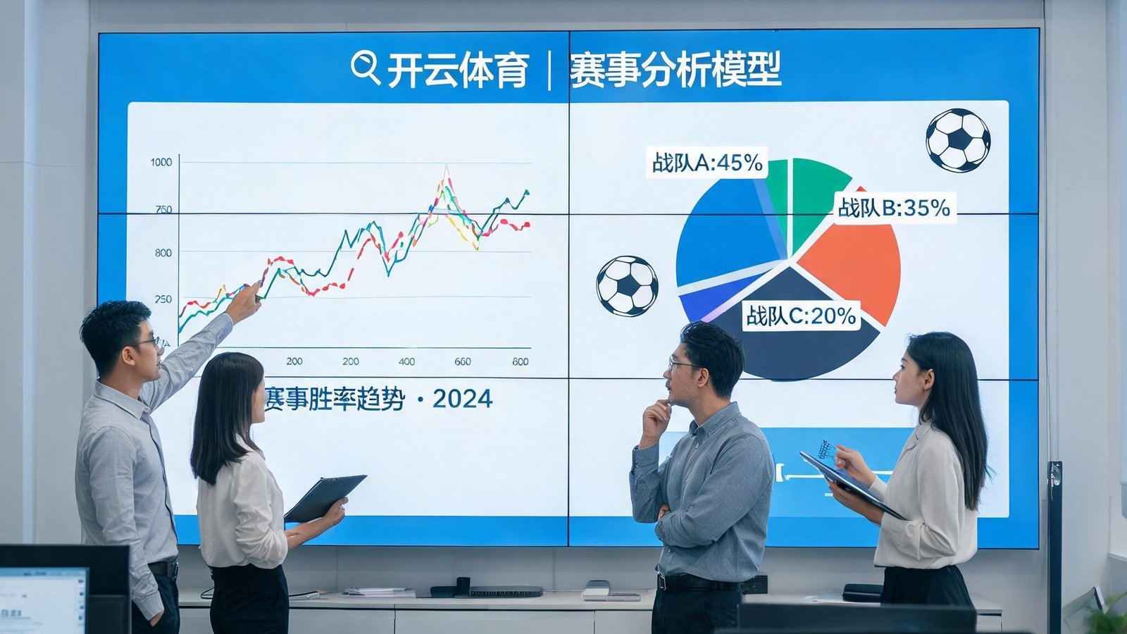 开云体育办公室内，团队在数据大屏前讨论赛事分析模型